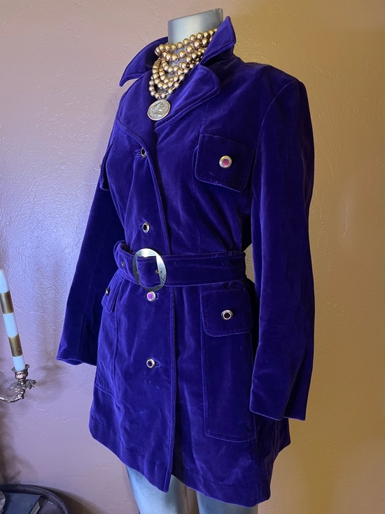 Surrey Classics Jackets & Blazers - Vintage Rare 1960’s Purple Velvet Belted Pea Coat with Statement Buckle.  Sz M
